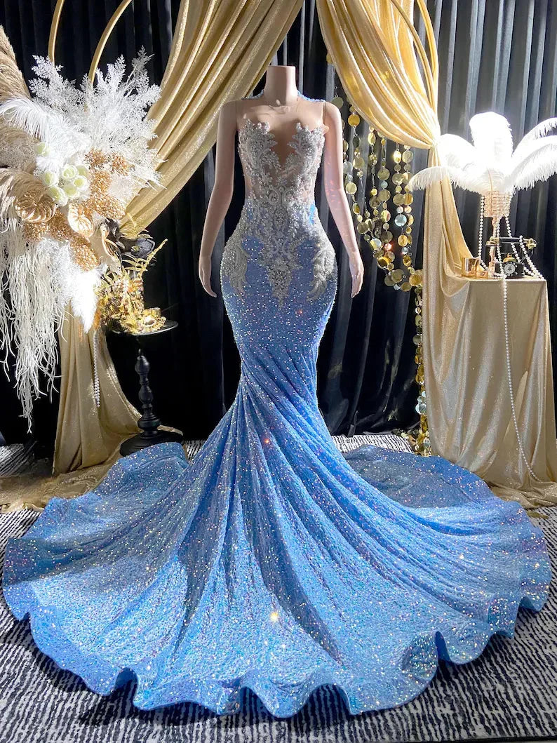 Off Shoulder Sequins Evening Dress with glitter accents, perfect for formal occasions or parties.