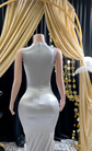 Yembi Fashion silver rhinestone mermaid gown with sheer nude illusion mesh bodice, silver crystal baroque embroidery, and fluid liquid satin train skirt