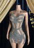 Model wearing a Silver Rhinestone Birthday Dress for special occasions, adorned with shimmering rhinestones