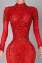 Yembi Fashion red feather crystal gown with high mock neck, long sleeves, nude illusion mesh bodice with ruby rhinestone beadwork, and plush ostrich feather mermaid train