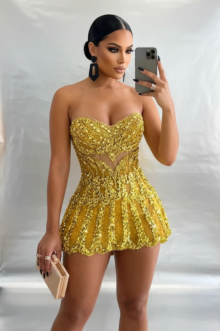 Yembi Fashion gold sequin mini dress with strapless sweetheart neckline and sheer nude-illusion corset bodice