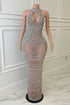 Yembi Fashion silver rhinestone maxi dress with high neck choker collar, plunging cutout bodice, draped chest chains, and sheer nude illusion mesh