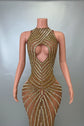 Yembi Fashion gold rhinestone maxi dress with dramatic chest and hip cutouts, high neck, and vertical gold crystal line detailing