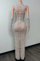 Yembi Fashion silver rhinestone maxi dress with high mock neck, sheer beige nude illusion mesh, geometric scalloped patterns of crystals and white pearls, and matching embellished gloves