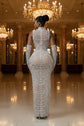 Yembi Fashion silver rhinestone maxi dress with high mock neck, sheer beige nude illusion mesh, geometric scalloped patterns of crystals and white pearls, and matching embellished gloves