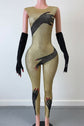 Yembi Fashion luxury gold rhinestone handprint jumpsuit featuring sparkly gold crystals and graphic black hands motif on a bodycon catsuit with matching long gloves