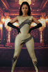 Yembi Fashion luxury gold rhinestone handprint jumpsuit featuring sparkly gold crystals and graphic black hands motif on a bodycon catsuit with matching long gloves