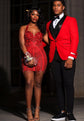 Yembi Fashion red crystal mini dress with statement rhinestone bow bodice and beaded fringe strands