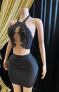 Rafa Black Embellished Mini Dress with Rhinestone Details, perfect for cocktail events.