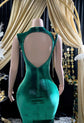 Yembi Fashion green velvet mermaid gown with gold crystal embellished bodice, shoulder fringe tassels, sheer nude illusion hip cutouts, and emerald velour train