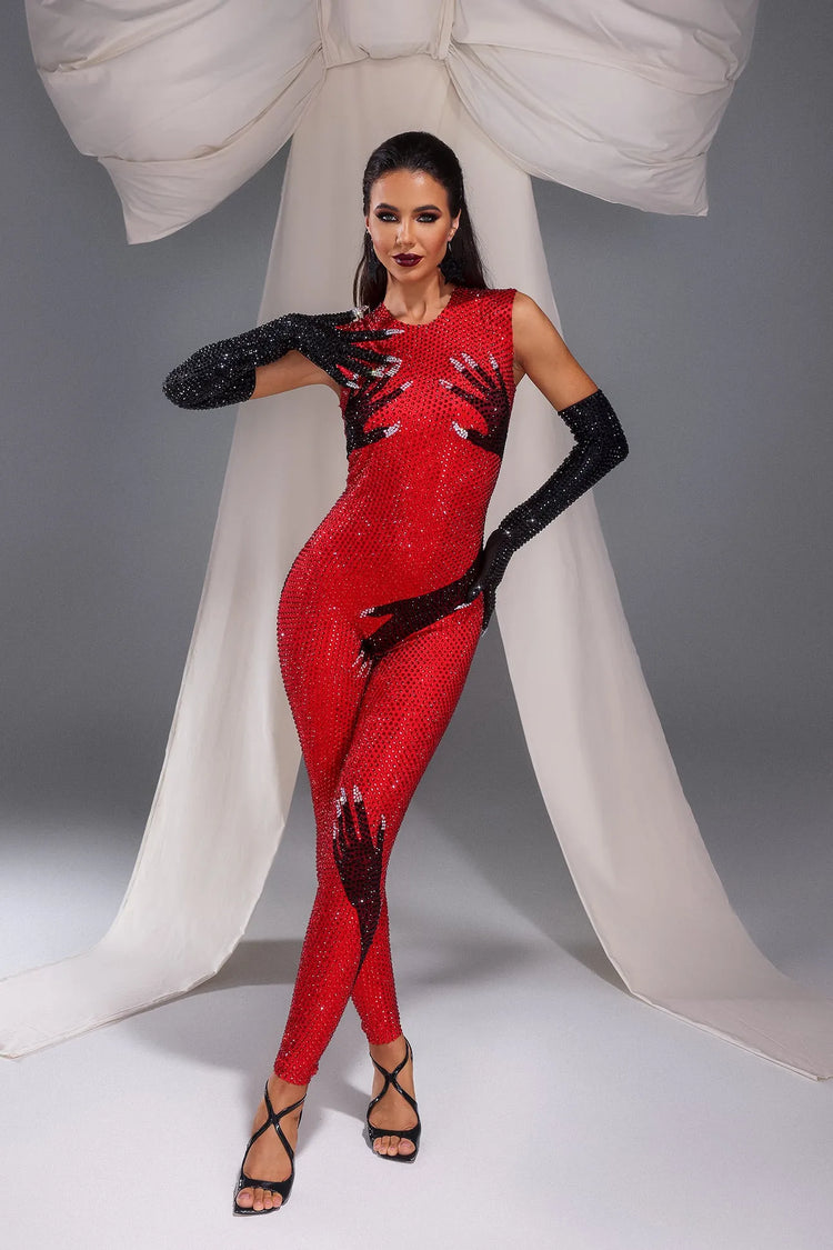 Rhinestone Embellished Bodycon Jumpsuit with Matching Hand Gloves - Yembifashion 