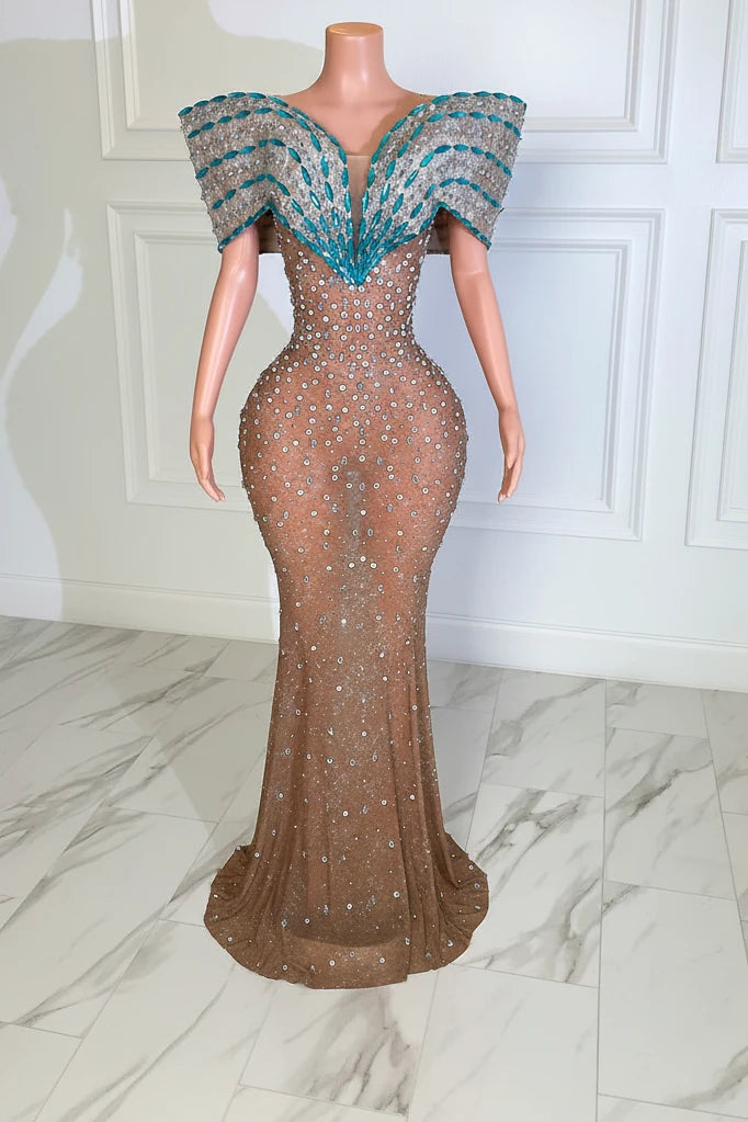 Yembi Fashion crystal embellished mermaid gown with nude illusion rhinestone mesh and structured turquoise off the shoulder wing collar