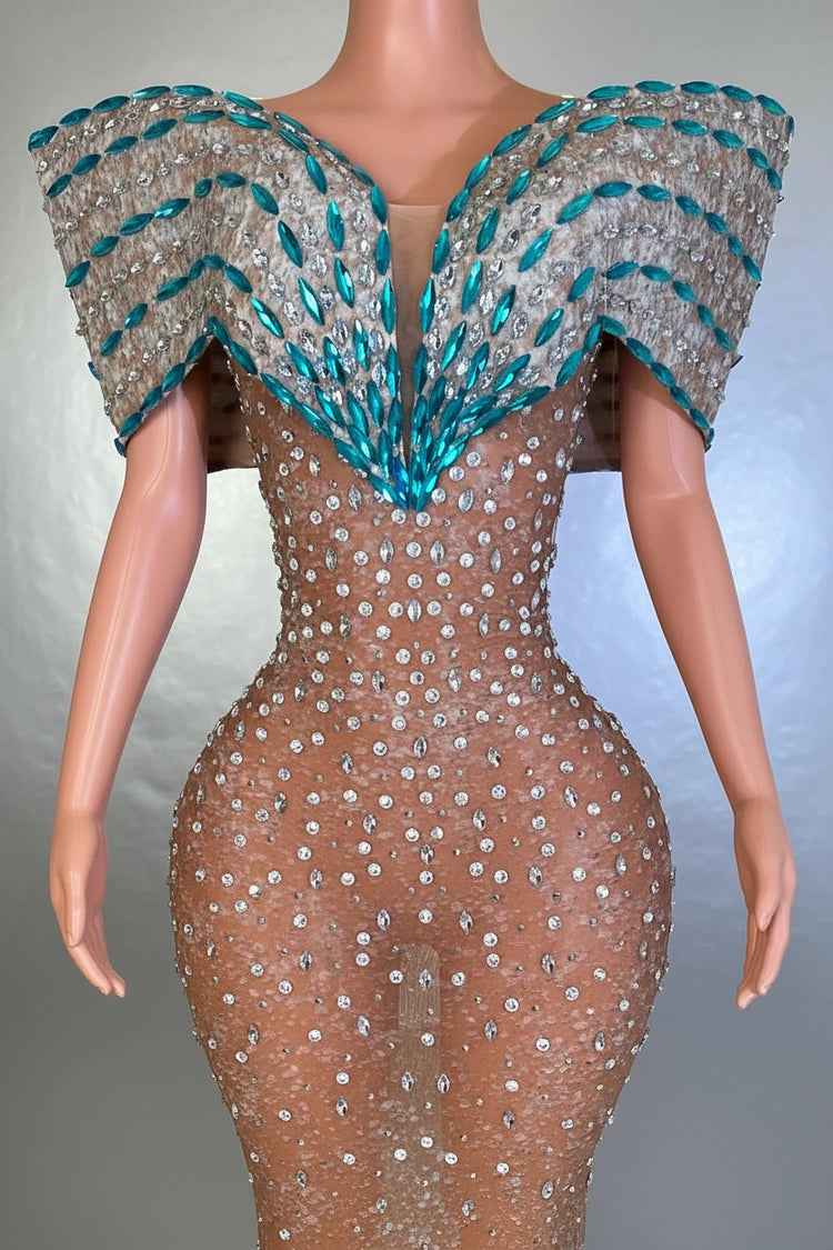 Yembi Fashion crystal embellished mermaid gown with nude illusion rhinestone mesh and structured turquoise off the shoulder wing collar