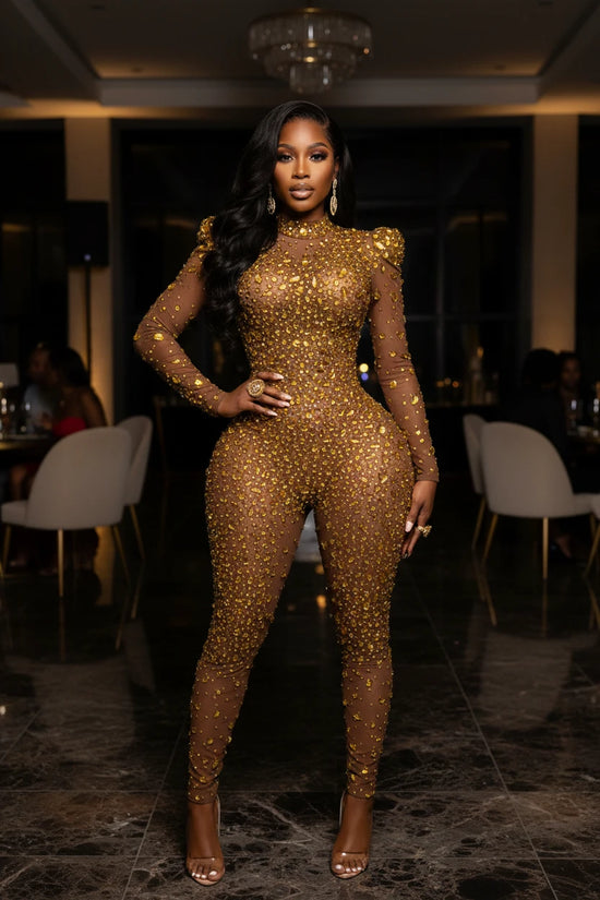 The Ultimate Gold Rhinestone Jumpsuit with Structured Puff Shoulders