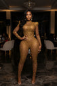 The Ultimate Gold Rhinestone Jumpsuit with Structured Puff Shoulders