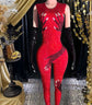 Rhinestone Embellished Bodycon Jumpsuit with Matching Hand Gloves