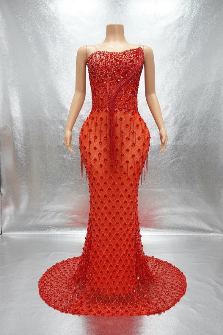 Yembi Fashion red rhinestone mermaid gown with strapless corset bodice, sheer nude-illusion mesh, and heavy geometric crystal lattice beading