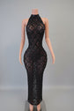 The Ultimate Black Crystal Halter Dress with Geometric Mesh Grid