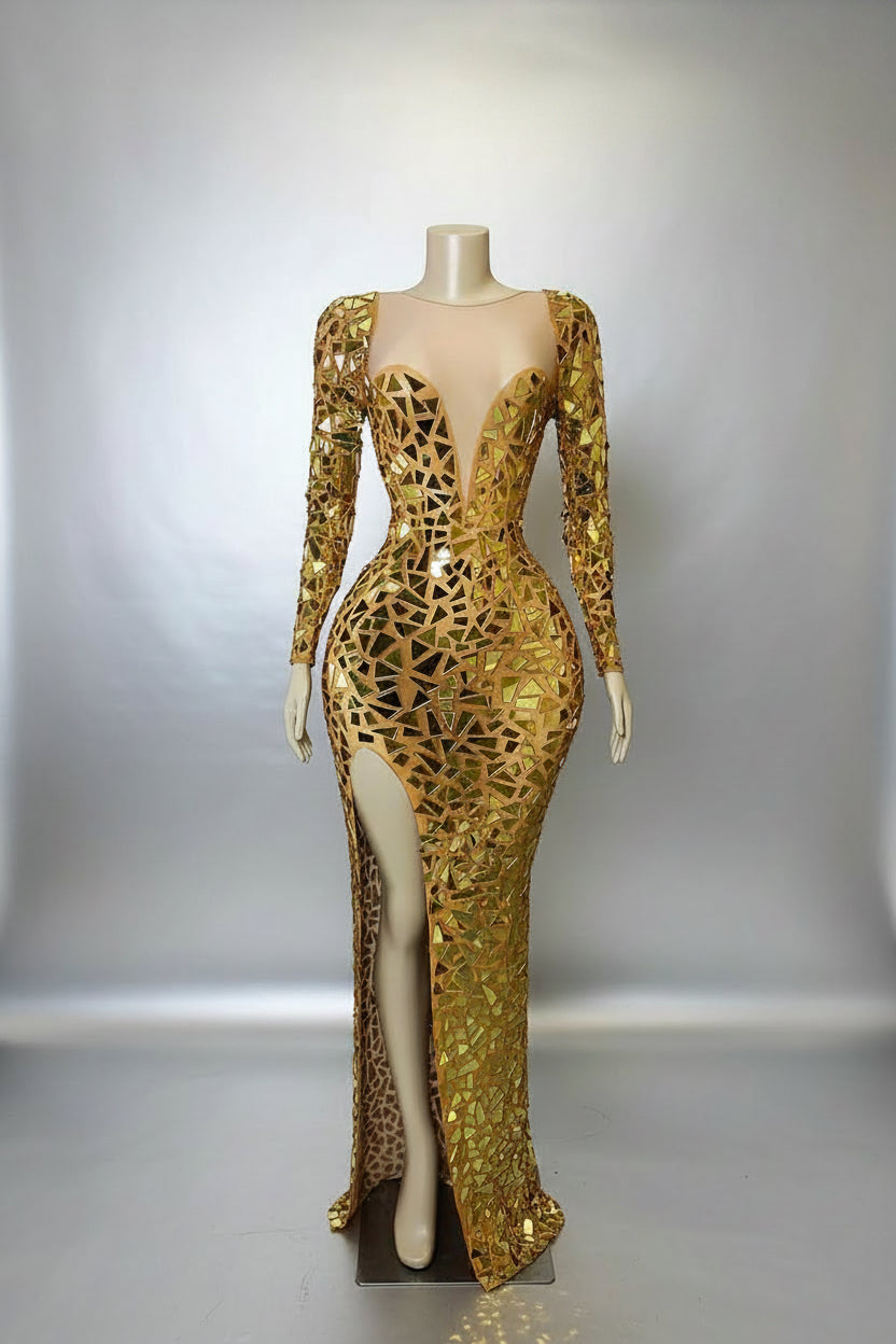 Yembi Fashion gold mirror maxi dress with plunging sweetheart neckline, geometric shattered glass mirror pieces, long sleeves, and high thigh slit