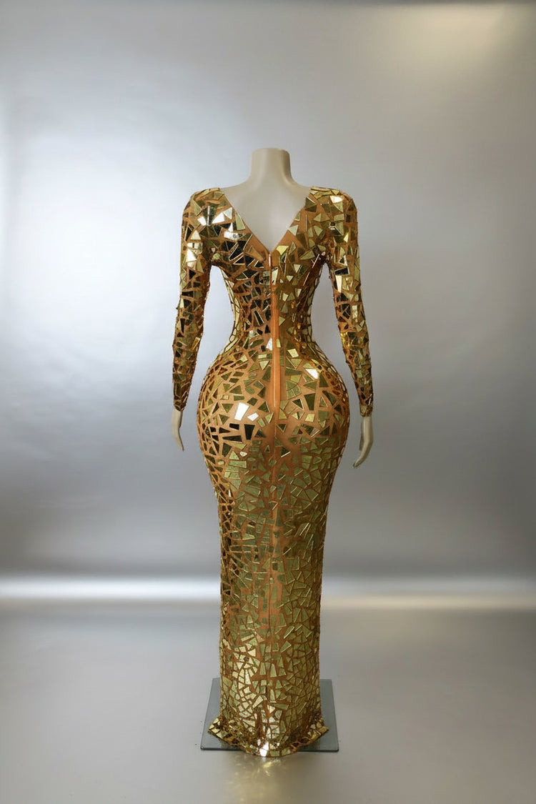 Yembi Fashion gold mirror maxi dress with plunging sweetheart neckline, geometric shattered glass mirror pieces, long sleeves, and high thigh slit

