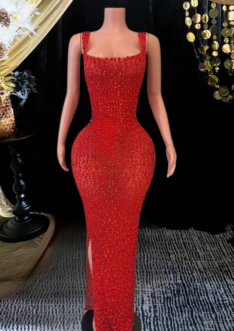 Yembi Fashion red crystal maxi dress with square neckline, thin embellished straps, high-density ruby red rhinestones, and high thigh slit