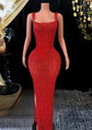 Yembi Fashion red crystal maxi dress with square neckline, thin embellished straps, high-density ruby red rhinestones, and high thigh slit