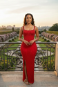 Yembi Fashion red crystal maxi dress with square neckline, thin embellished straps, high-density ruby red rhinestones, and high thigh slit