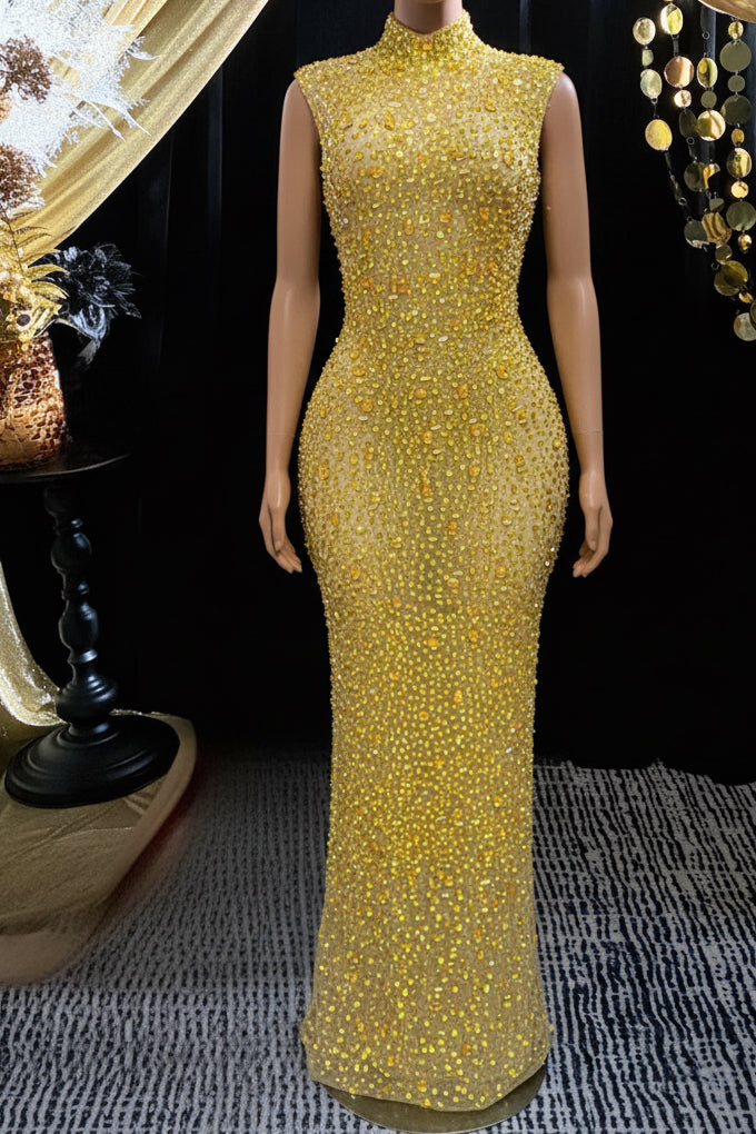 Yembi Fashion yellow crystal maxi dress with high mock neck, sleeveless sheer nude illusion mesh, and heavy constellation pattern of topaz rhinestones