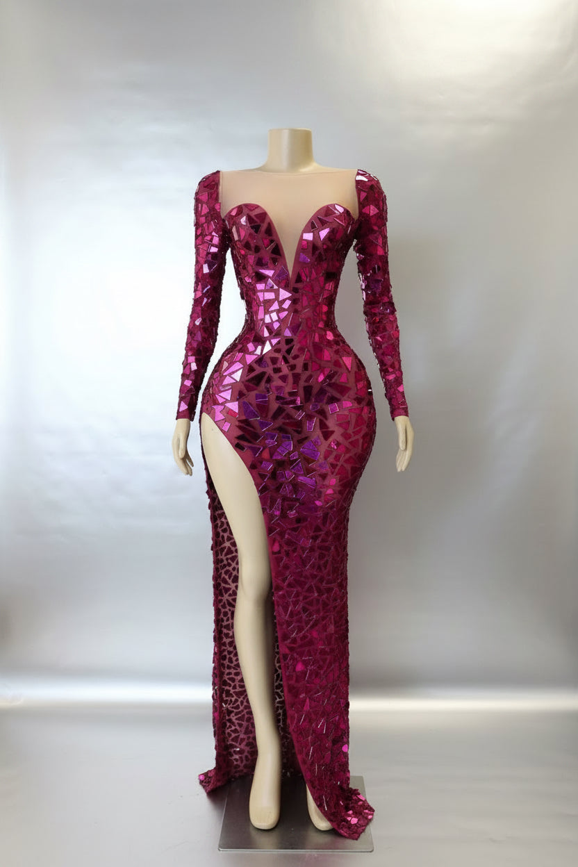 Yembi Fashion pink mirror maxi dress with plunging sweetheart neckline, geometric shattered glass mirror pieces, long sleeves, and high thigh slit