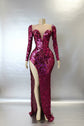 Yembi Fashion pink mirror maxi dress with plunging sweetheart neckline, geometric shattered glass mirror pieces, long sleeves, and high thigh slit