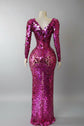 Yembi Fashion pink mirror maxi dress with plunging sweetheart neckline, geometric shattered glass mirror pieces, long sleeves, and high thigh slit