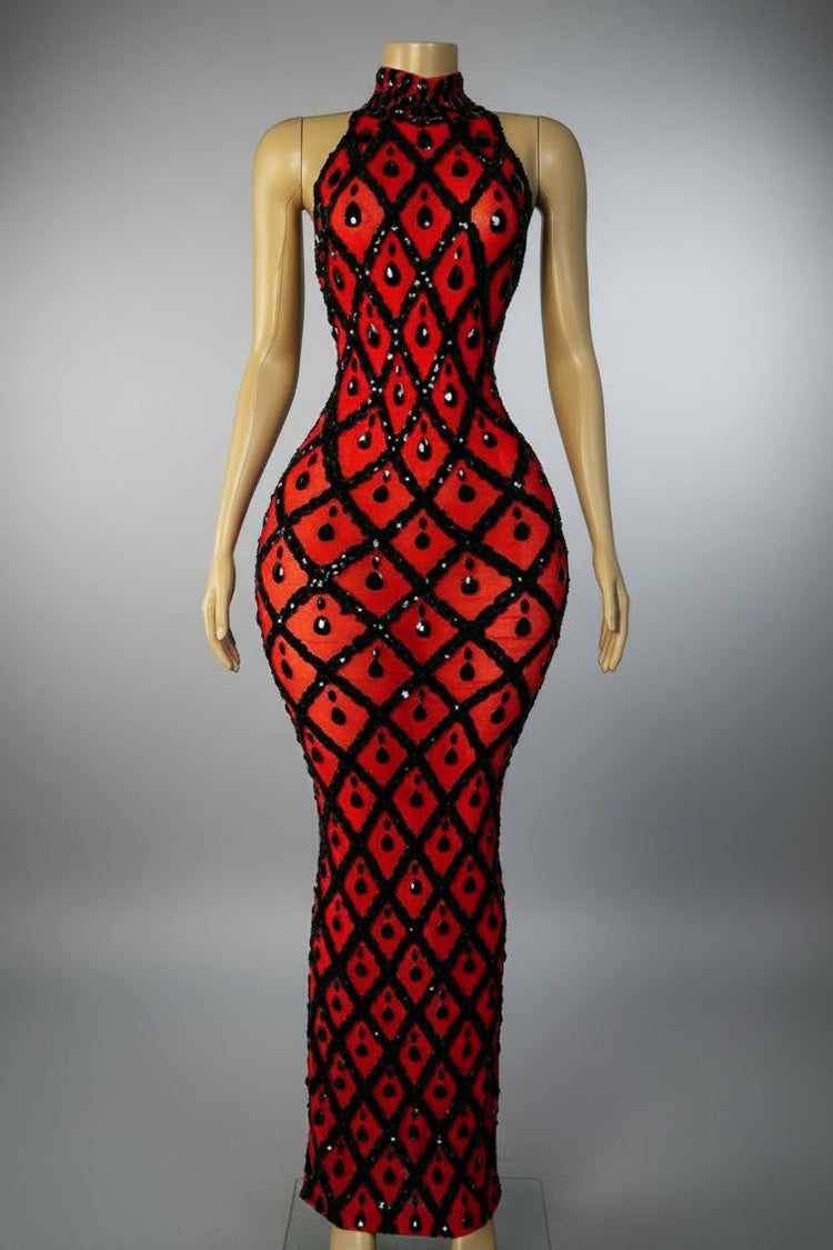 Yembi Fashion red crystal halter dress with sheer mesh, geometric diamond grid pattern, and black rhinestone teardrops