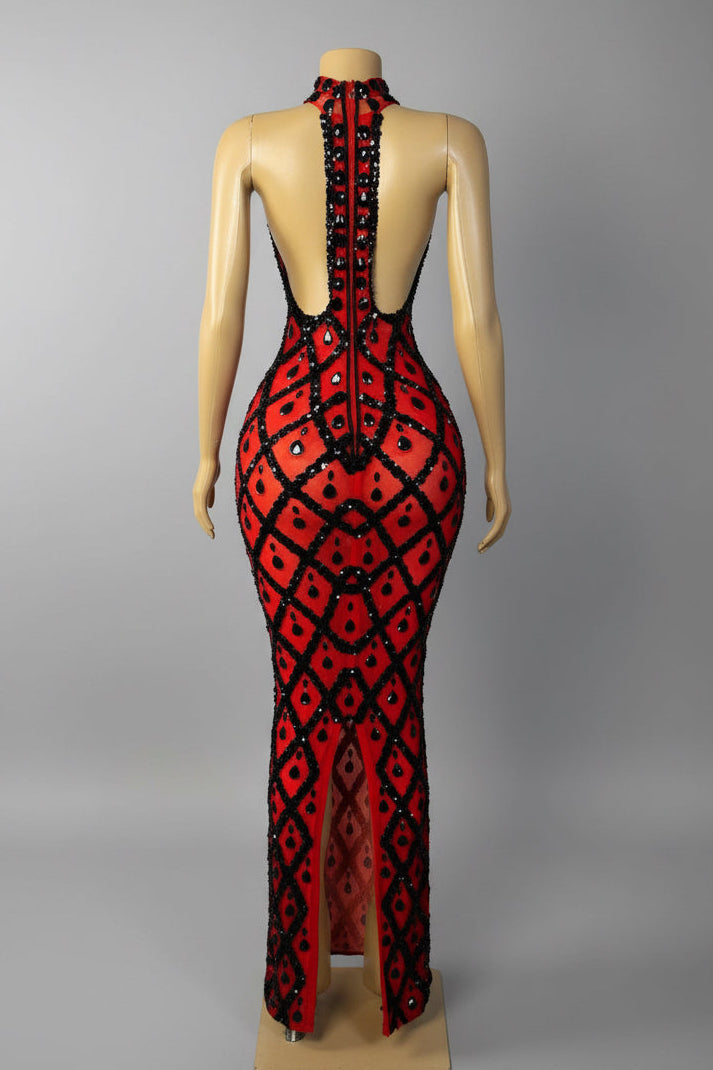 Yembi Fashion red crystal halter dress with sheer mesh, geometric diamond grid pattern, and black rhinestone teardrops