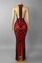 Yembi Fashion red crystal halter dress with sheer mesh, geometric diamond grid pattern, and black rhinestone teardrops