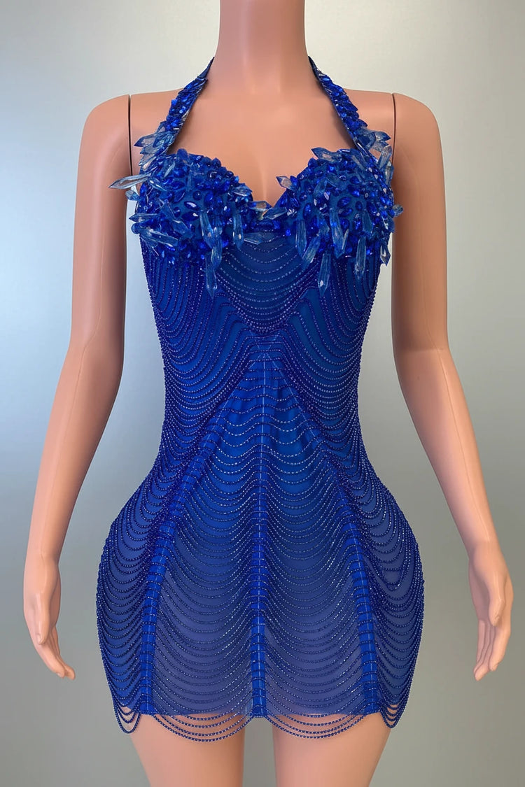Yembi Fashion royal blue crystal mini dress with statement rhinestone bow bodice and beaded fringe strands