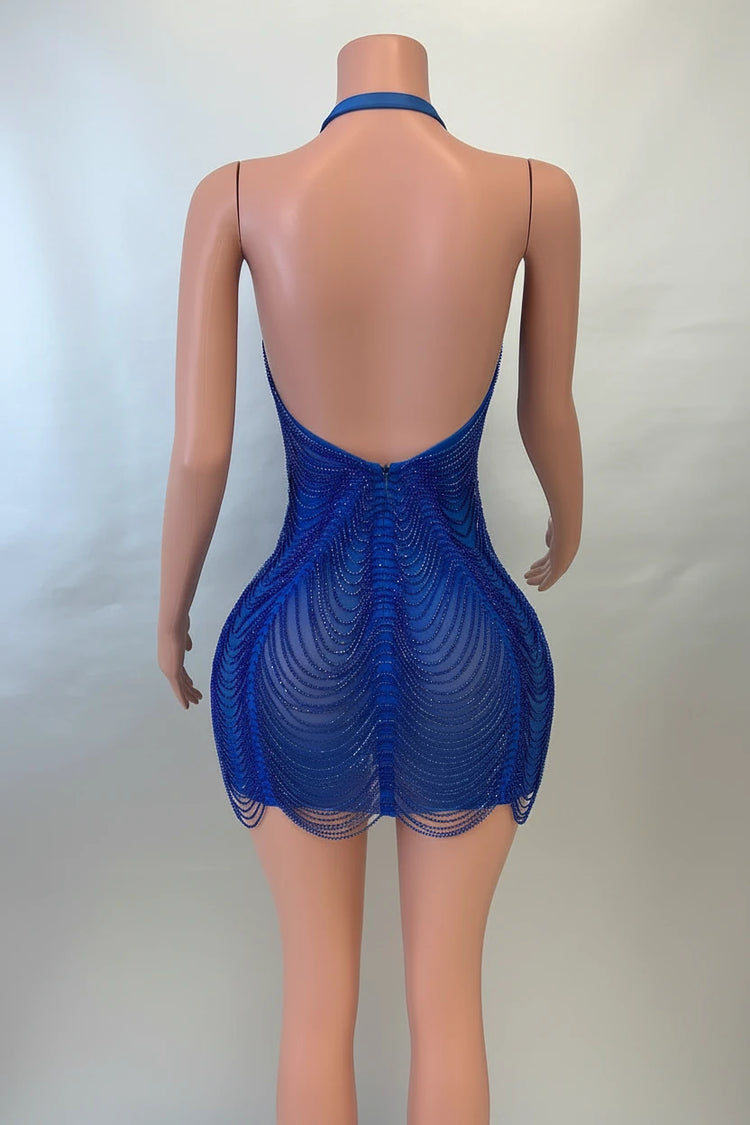 Yembi Fashion royal blue crystal mini dress with statement rhinestone bow bodice and beaded fringe strands