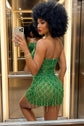 Yembi Fashion green crystal mini dress with asymmetric one shoulder neckline, teardrop emerald rhinestones, and vertical beaded fringe

