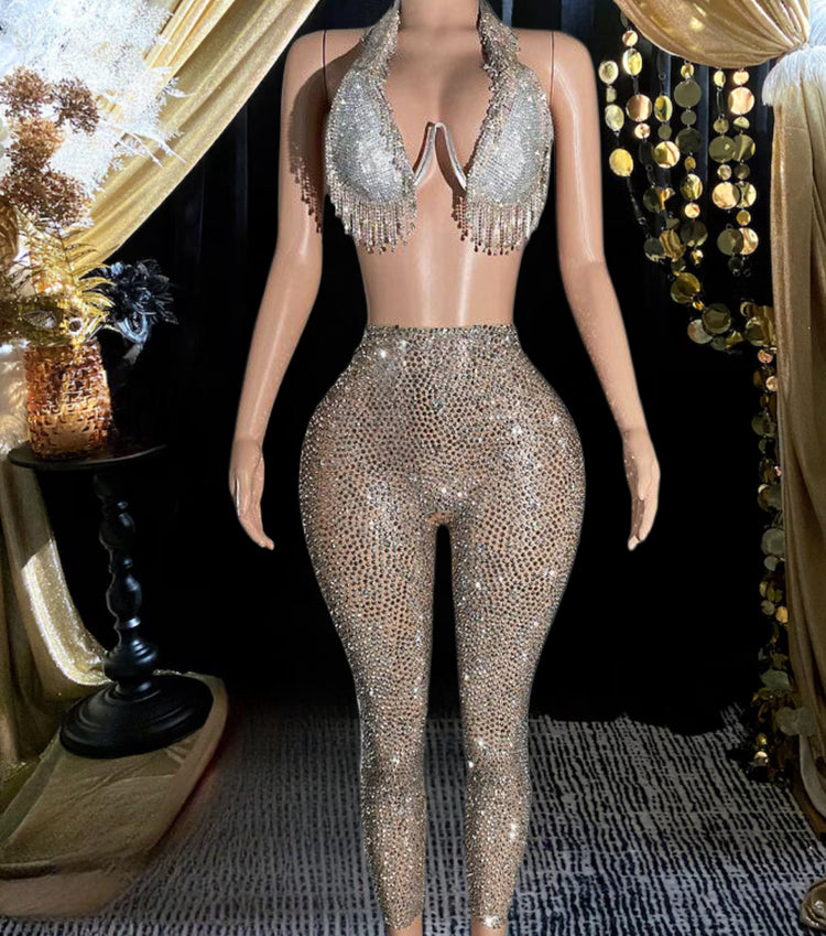 Elegant Raissa Pant Set featuring shimmering rhinestone accents for a glamorous look.