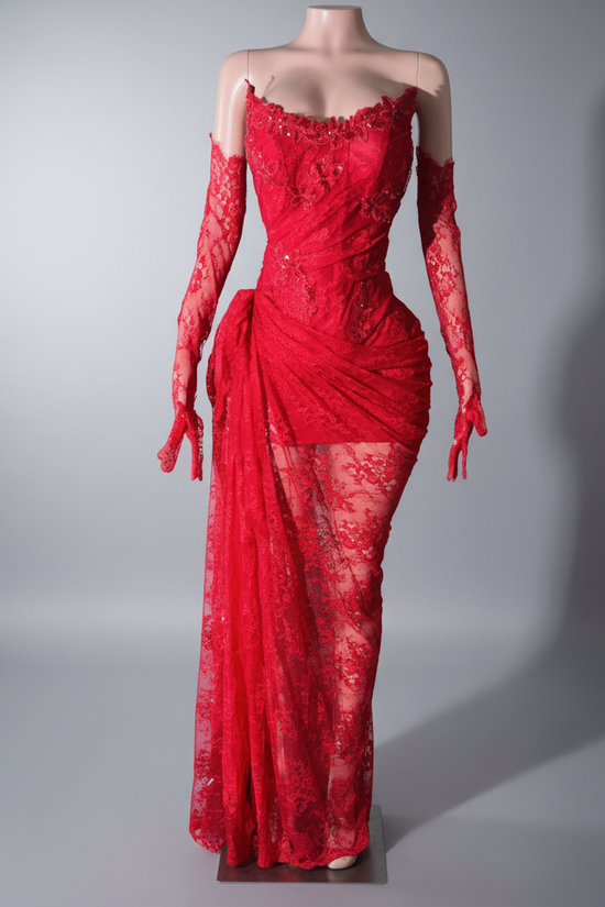 Yembi Fashion red lace maxi dress with strapless corset bodice, tone-on-tone ruby crystal embellishments, dramatic side draping, and matching opera lace gloves
