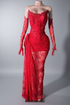 Yembi Fashion red lace maxi dress with strapless corset bodice, tone-on-tone ruby crystal embellishments, dramatic side draping, and matching opera lace gloves