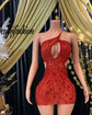 A one-shoulder red mini dress with rhinestone embellishments on the bodice and cut-out detail, displayed on a mannequin.