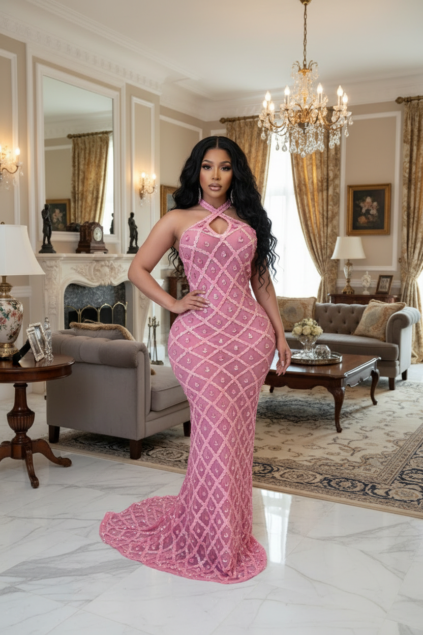 Yembi Fashion pink crystal halter dress with criss-cross neckline, central chest keyhole cutout, sheer pink mesh, and geometric diamond grid pattern of rose rhinestones