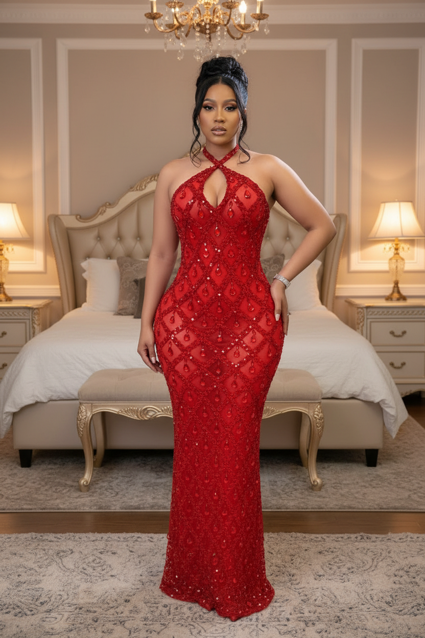 Yembi Fashion red crystal halter dress with criss-cross neckline, central chest keyhole cutout, sheer red mesh, and geometric diamond grid pattern of ruby rhinestones