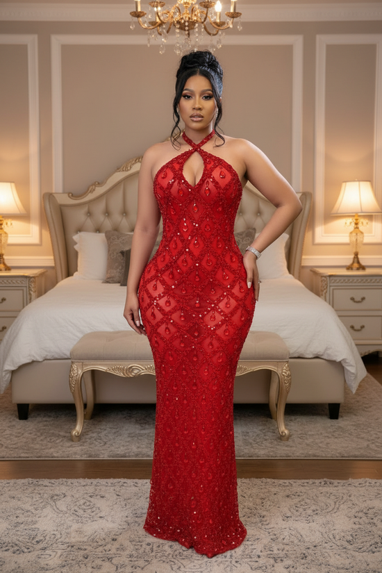 Yembi Fashion red crystal halter dress with criss-cross neckline, central chest keyhole cutout, sheer red mesh, and geometric diamond grid pattern of ruby rhinestones