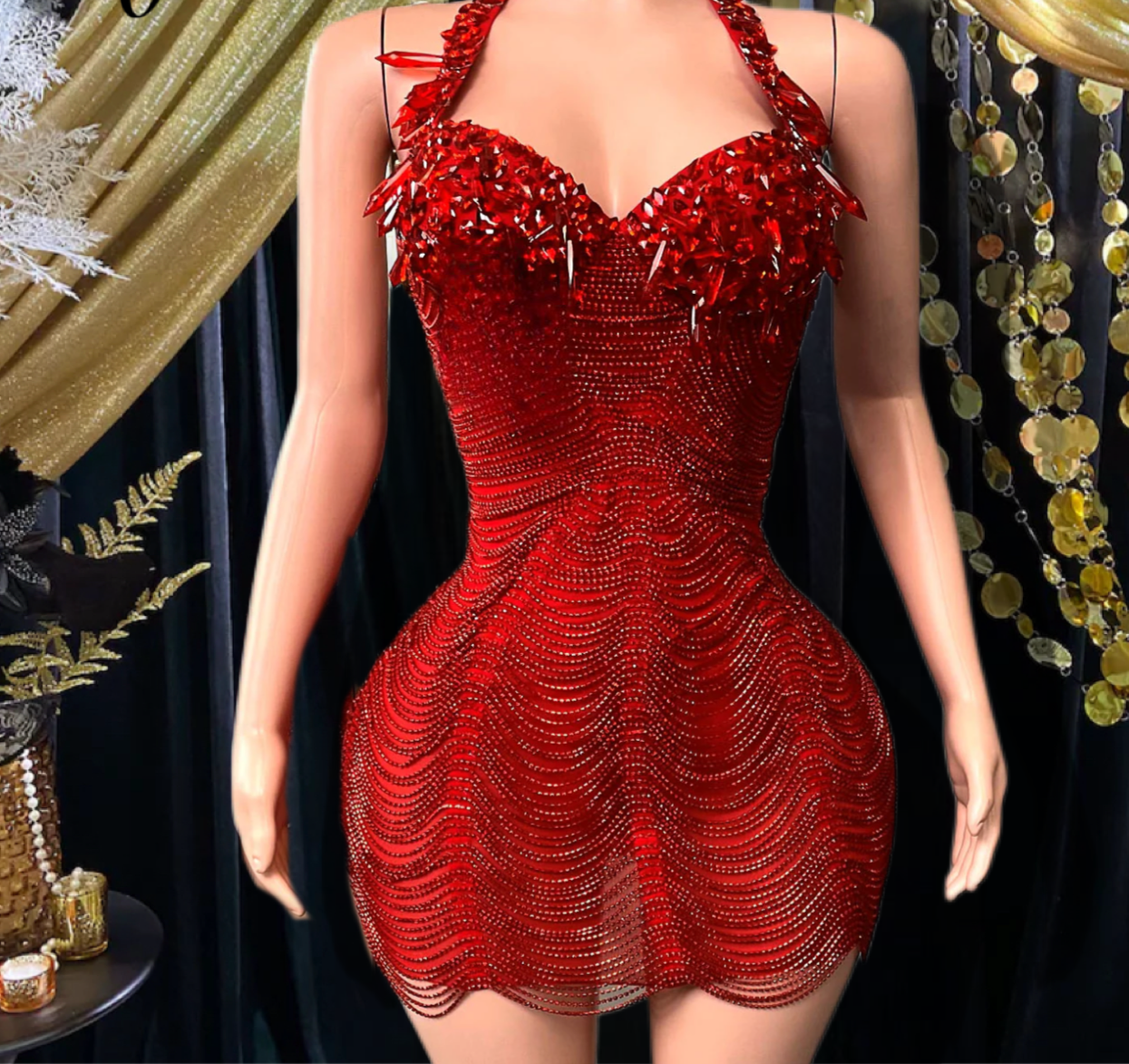 Yembi Fashion red crystal mini dress with statement rhinestone bow bodice and beaded fringe strands