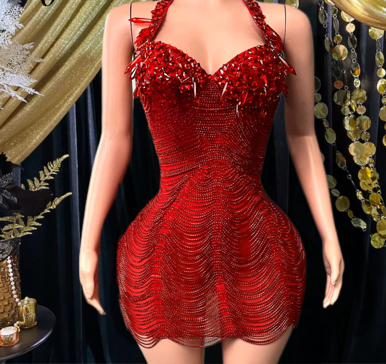 Yembi Fashion red crystal mini dress with statement rhinestone bow bodice and beaded fringe strands