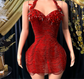 Yembi Fashion red crystal mini dress with statement rhinestone bow bodice and beaded fringe strands