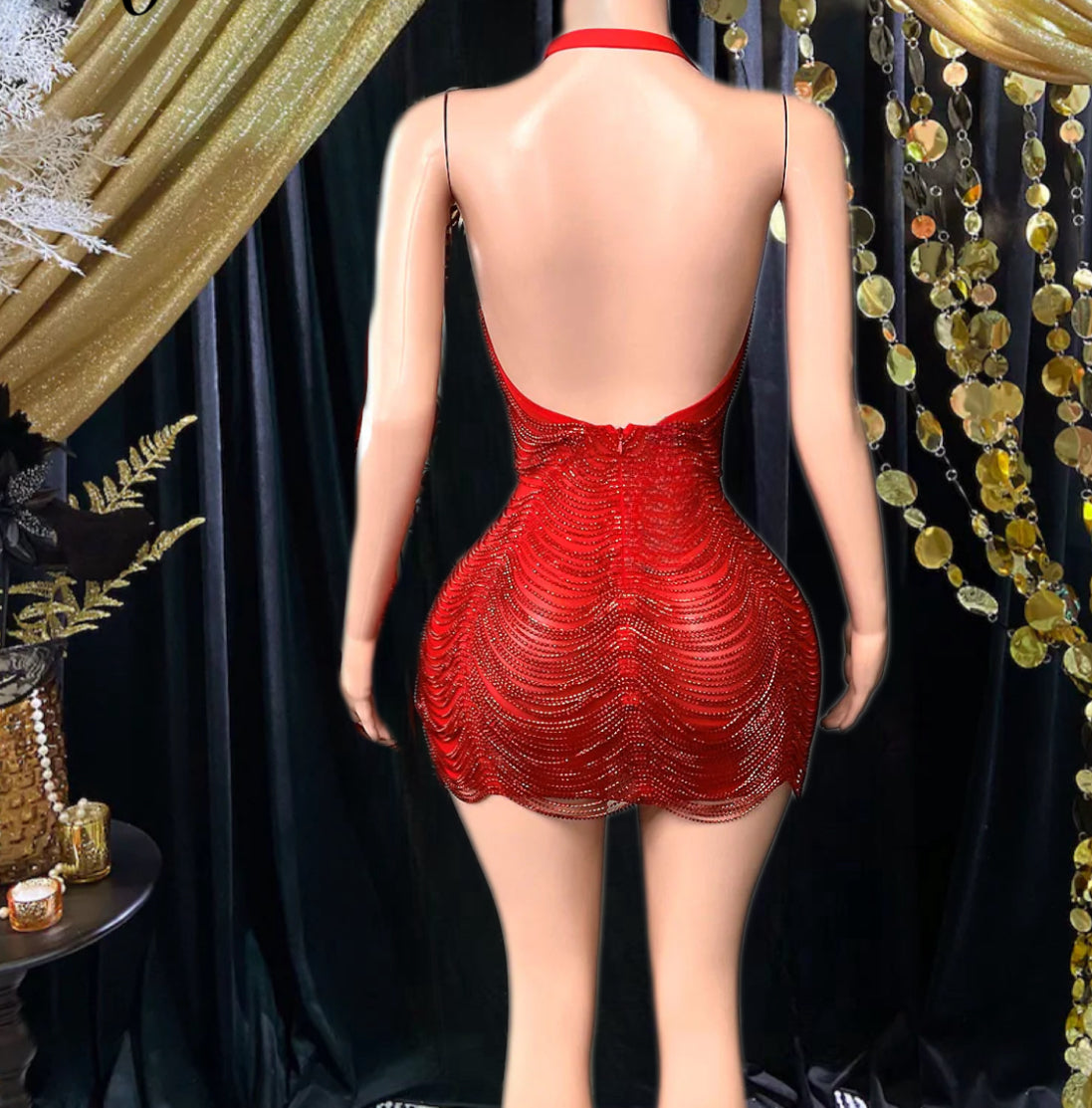 Yembi Fashion red crystal mini dress with statement rhinestone bow bodice and beaded fringe strands