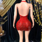 Yembi Fashion red crystal mini dress with statement rhinestone bow bodice and beaded fringe strands