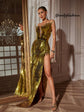 Yembi Fashion gold feather maxi dress with plunging neckline, sheer nude illusion mesh cutout, silver rhinestone crystal belt, and high thigh slit